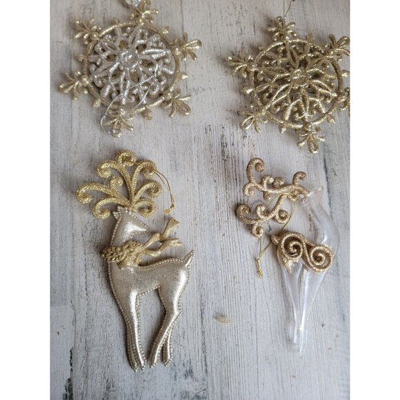 Glitter golden Snowflake reindeer ornament Xmas set - Picture 2 of 6